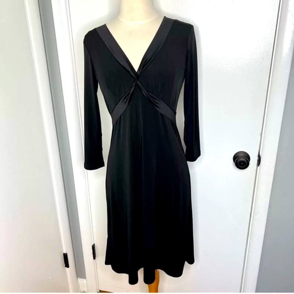 BCBG Paris Black Dress Satin Trim V Neck 3/4 Sleeve Midi medium